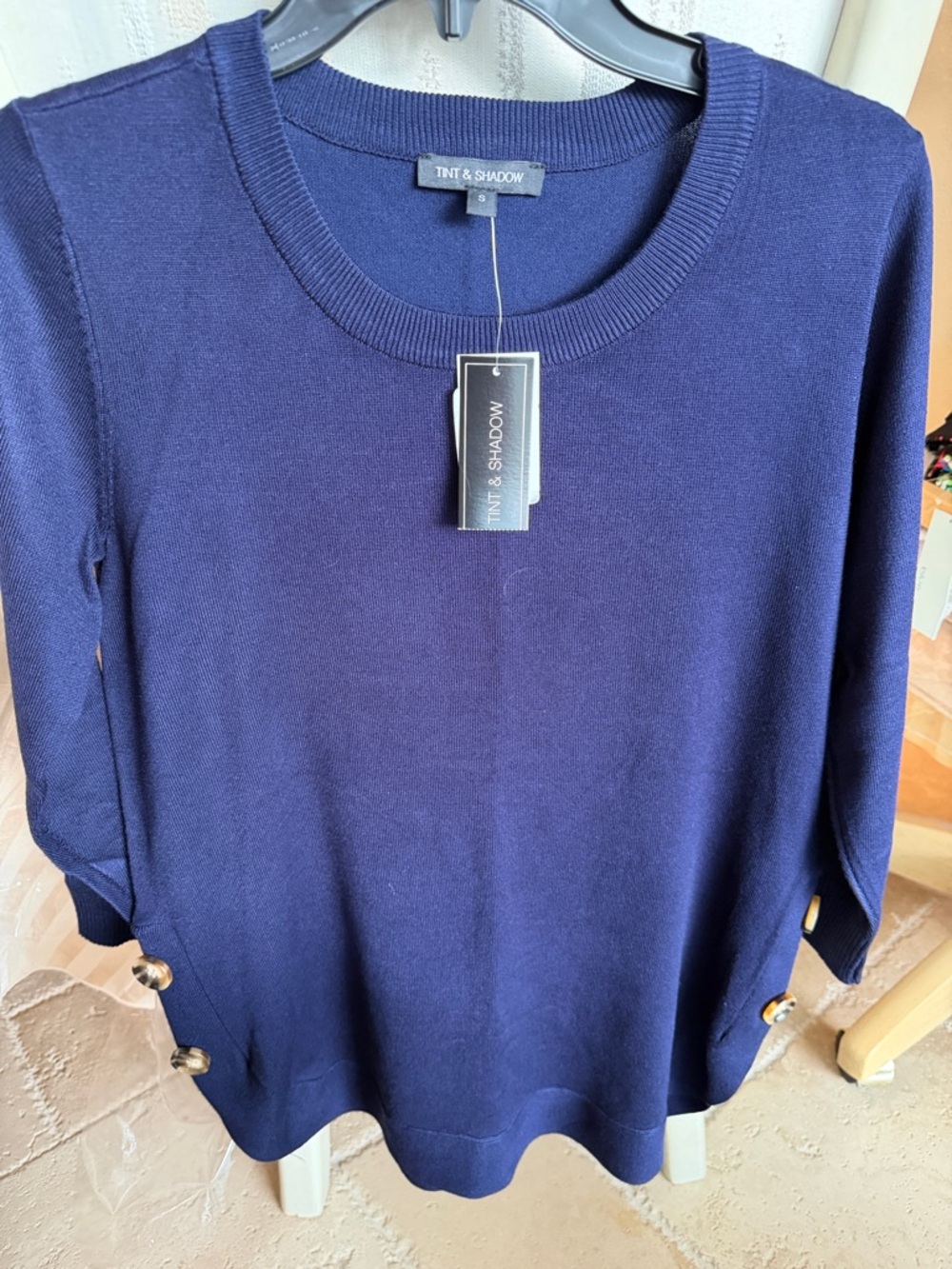 Navy Crewneck Sweater with Side Button Detail